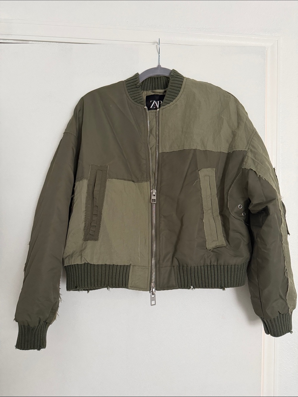 Zara Men's Olive Green Patchwork Bomber Jacket
